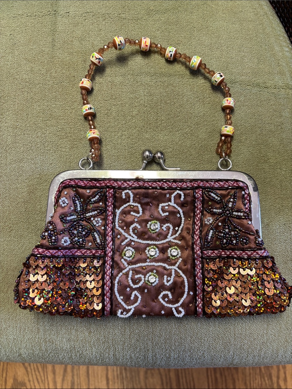 Embellished Brown Beaded Frame Clutch